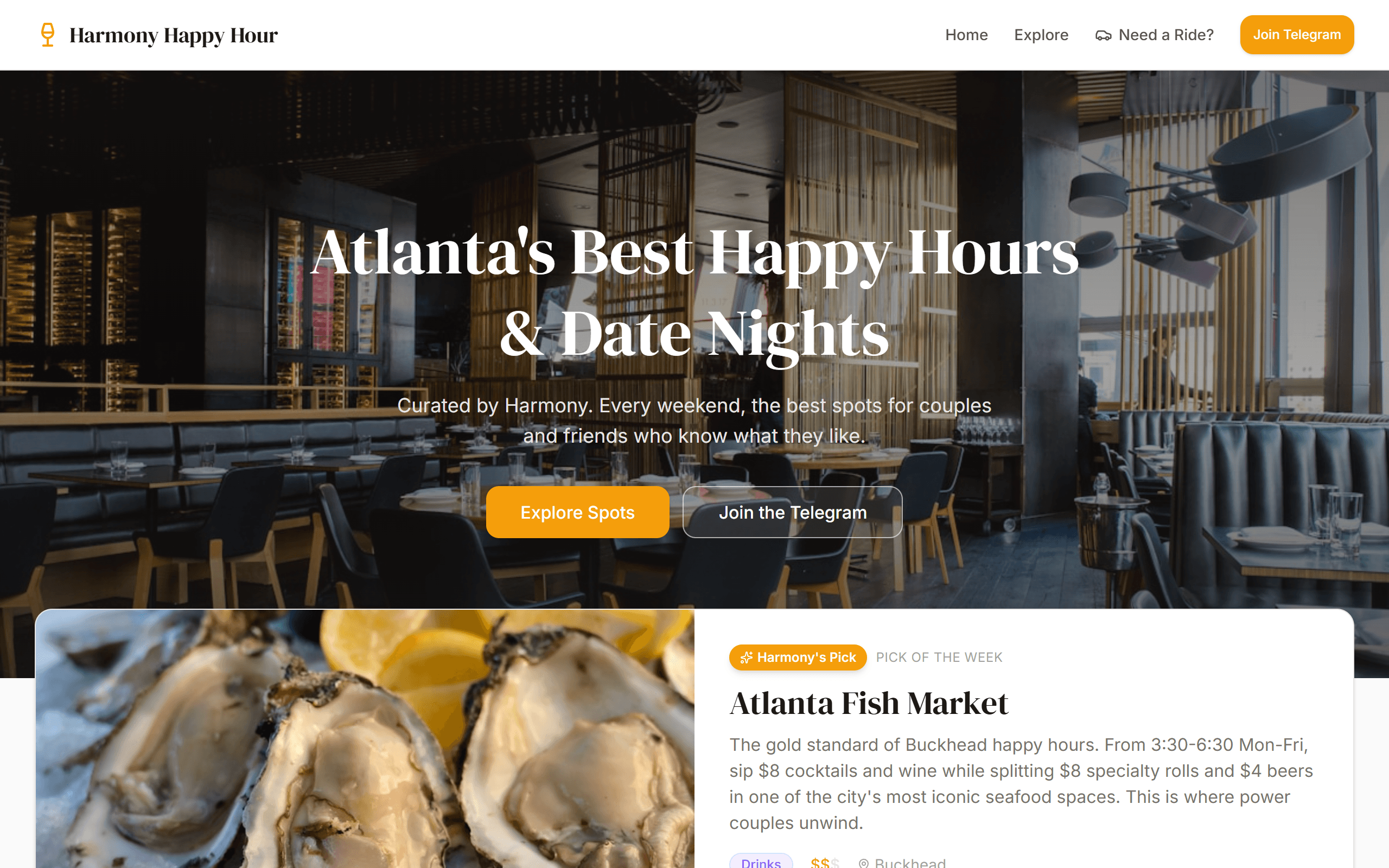 Harmony Happy Hour website screenshot